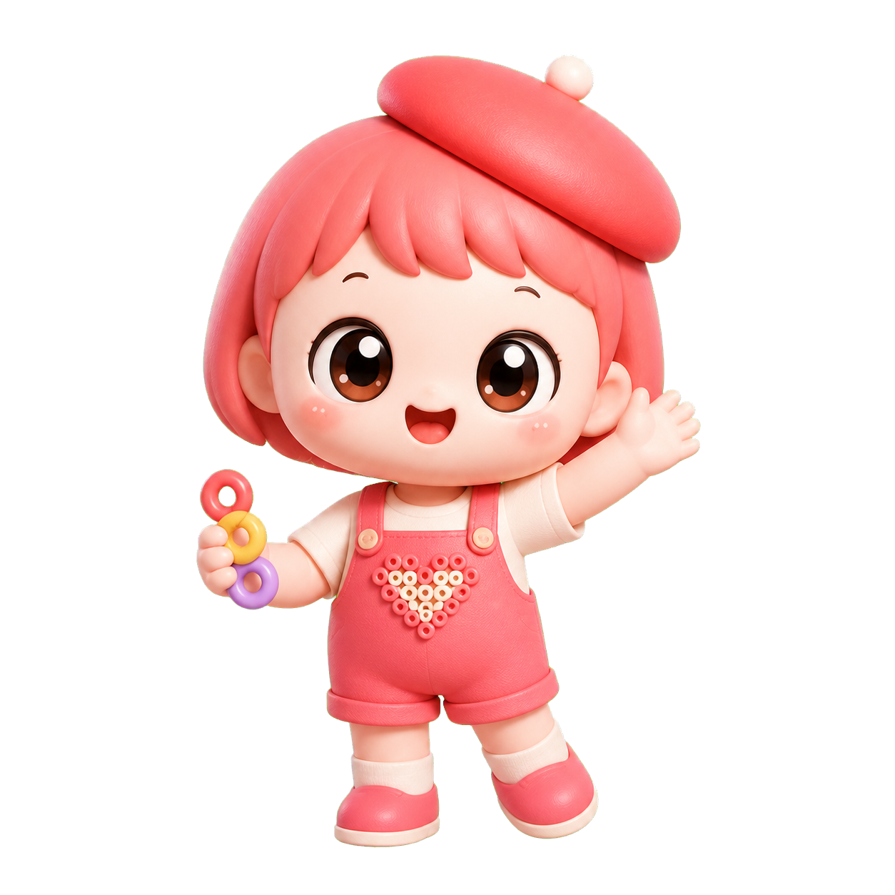 戴粉色贝雷帽、手拿彩色拼豆的 Doudou Love 卡通人物
